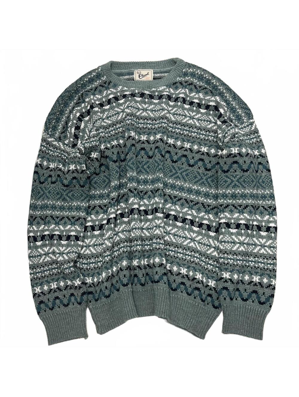 Vintage 90s Sz L Teal Green & White Geometric Knit Crew Neck Sweater Cottage